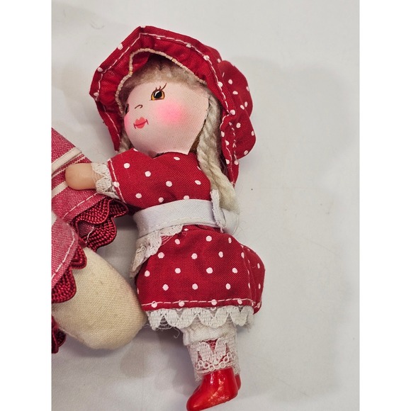 VINTAGE Handmade Ragdoll Folk Art Doll Red Striped Dress White Trousers 15.5" - Picture 6 of 7